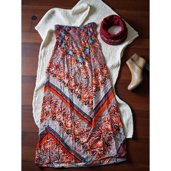 Angie Boho Maxi Dress–Red Blue Paisley Strapless Smocked Winter Layering Look - Picture 4 of 8